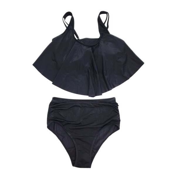Two-Piece Black High-Waisted Bikini  Ruffle Tankini Top Adjustable Straps  SZ L - Picture 1 of 7